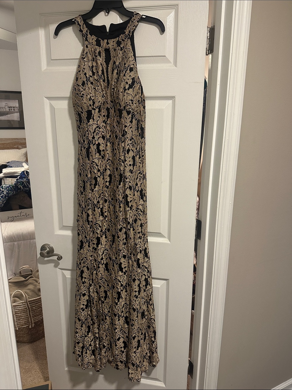 Night Way Collections Black and Gold Lace Halter Maxi Dress